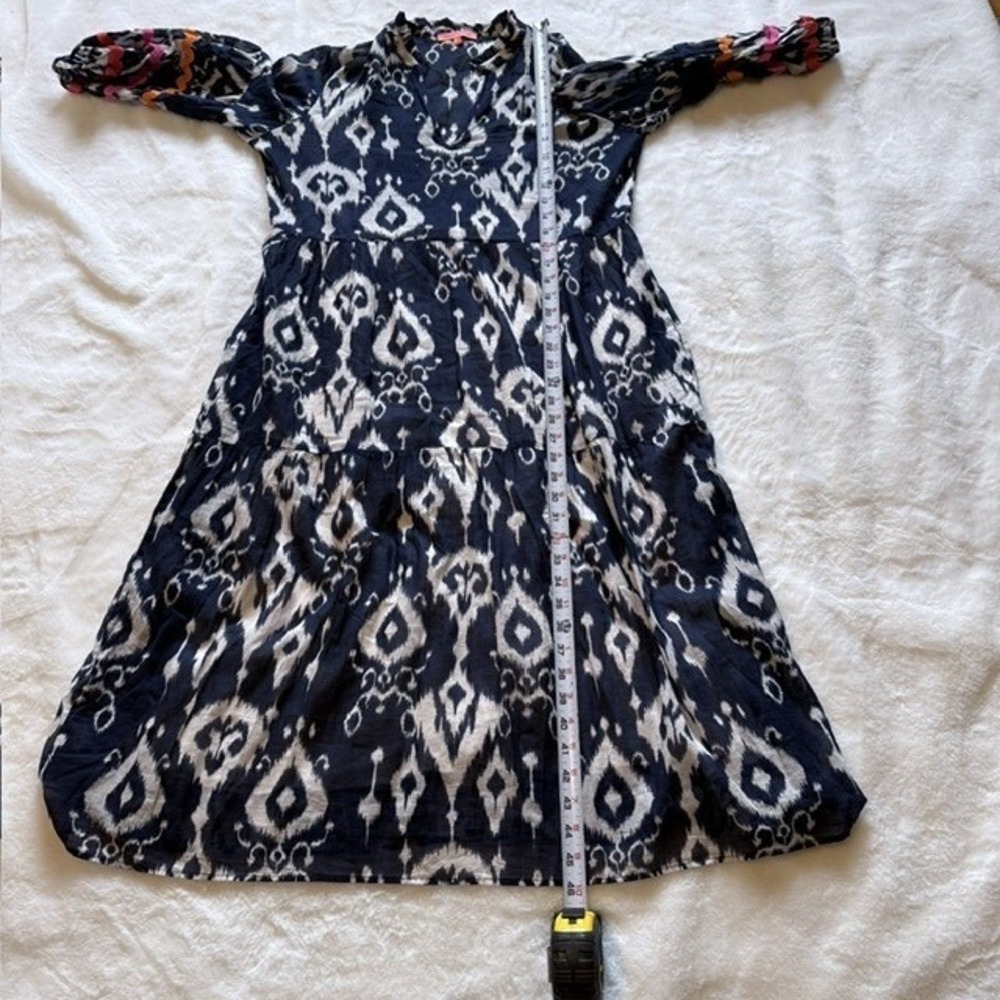 Vilagallo Navy Tammy Ikat Print Tiered Midi Dress Rickrack Trim Split Neck L - Picture 8 of 10